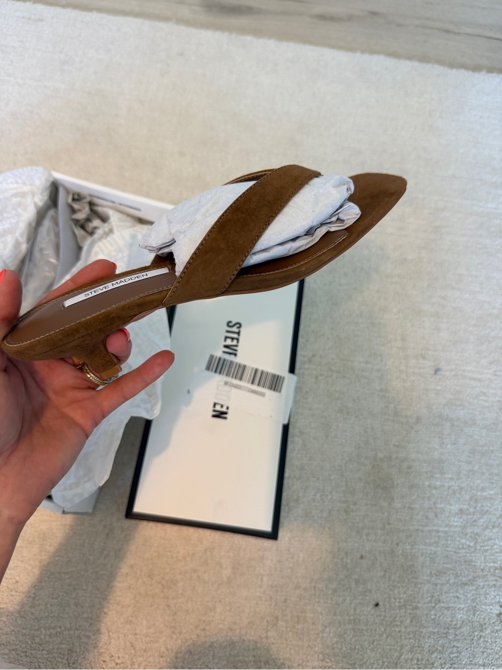 Steve Madden Tracie Chestnut Suede Kitten Heel Sandals - Picture 2 of 11